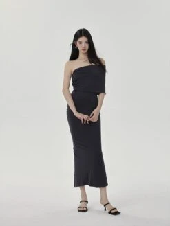 One-Shoulder Ruched Layered Midi Dress -Modern Wear Shop 8e79934f48e91665ada543b459f71025