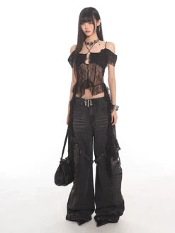 Lace Overlay Off-Shoulder Cropped Top With Hanging Ruffles -Modern Wear Shop 8e95a3472447c5b497f05fad88509567