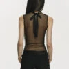Sheer Back Sleeveless Mesh Top With Tie Neck Detail