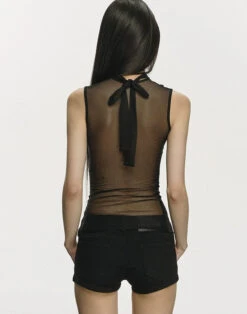 Sheer Back Sleeveless Mesh Top With Tie Neck Detail