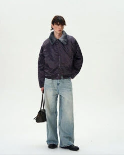 Contrast Faux Fur Collar Glossy Snap Button Bomber Jacket -Modern Wear Shop 8f6b380b63fe2eb0f687a84e8b45338c