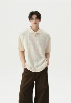 Textured Cable Knit Short Sleeve Polo Shirt