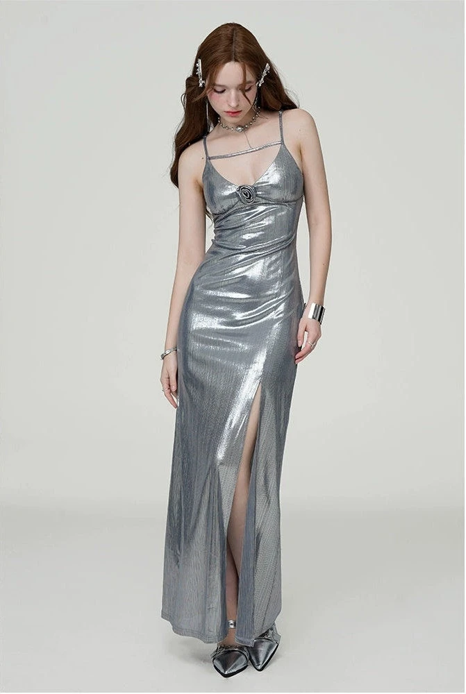 Metallic Sheen Slip Dress With Thigh-High Split 11 Metallic Sheen Slip Dress With Thigh-High Split - Image 11