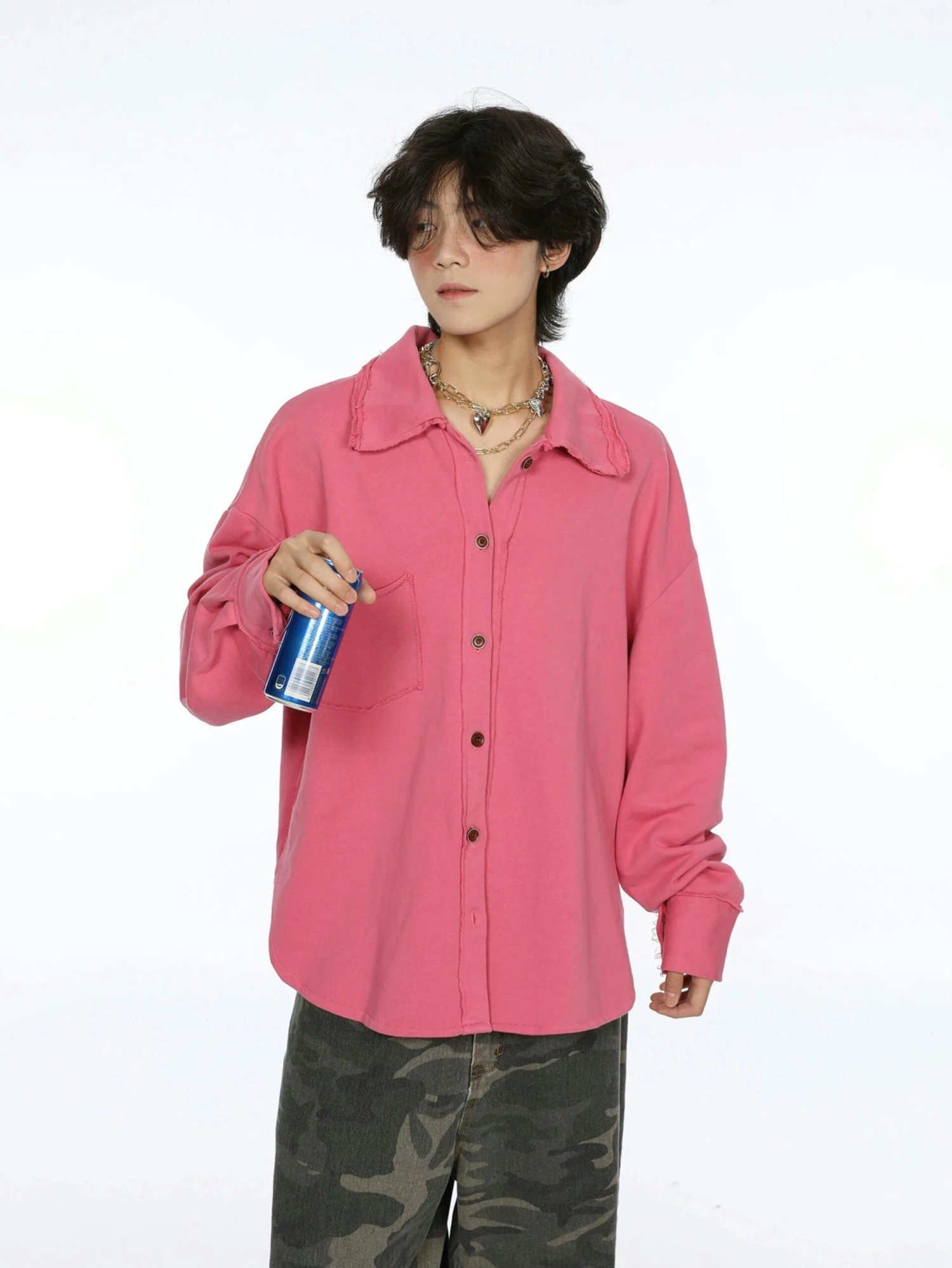 Oversized Raw-Edge Button-Down Shirt 1 Oversized Raw-Edge Button-Down Shirt
