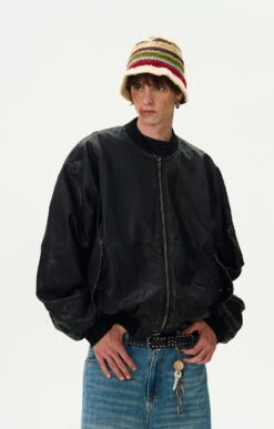 Oversized Distressed Faux Leather Bomber Jacket With Sleeve Pocket 19 Oversized Distressed Faux Leather Bomber Jacket With Sleeve Pocket -Modern Wear Shop 8fe7d31f49adcf411772aa1b4cdfcf25