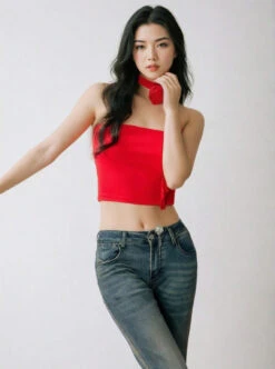 One-Shoulder Ruffled Crop Top With Rose Neck Detail -Modern Wear Shop 8qa IhHqpkKV2tA