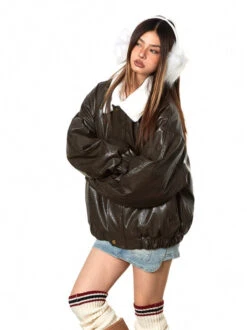 Fleece Lined Glossy Faux Leather Oversized Jacket -Modern Wear Shop 900d7ad3ec4606749a4c7b252fe594ce
