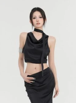 Sleeveless Cowl Neck Short Top With Scarf -Modern Wear Shop 9020090d7cbfa4bbe6471fa79baaf719