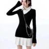 Mock Layered Pleated Hem Long Sleeve Dress