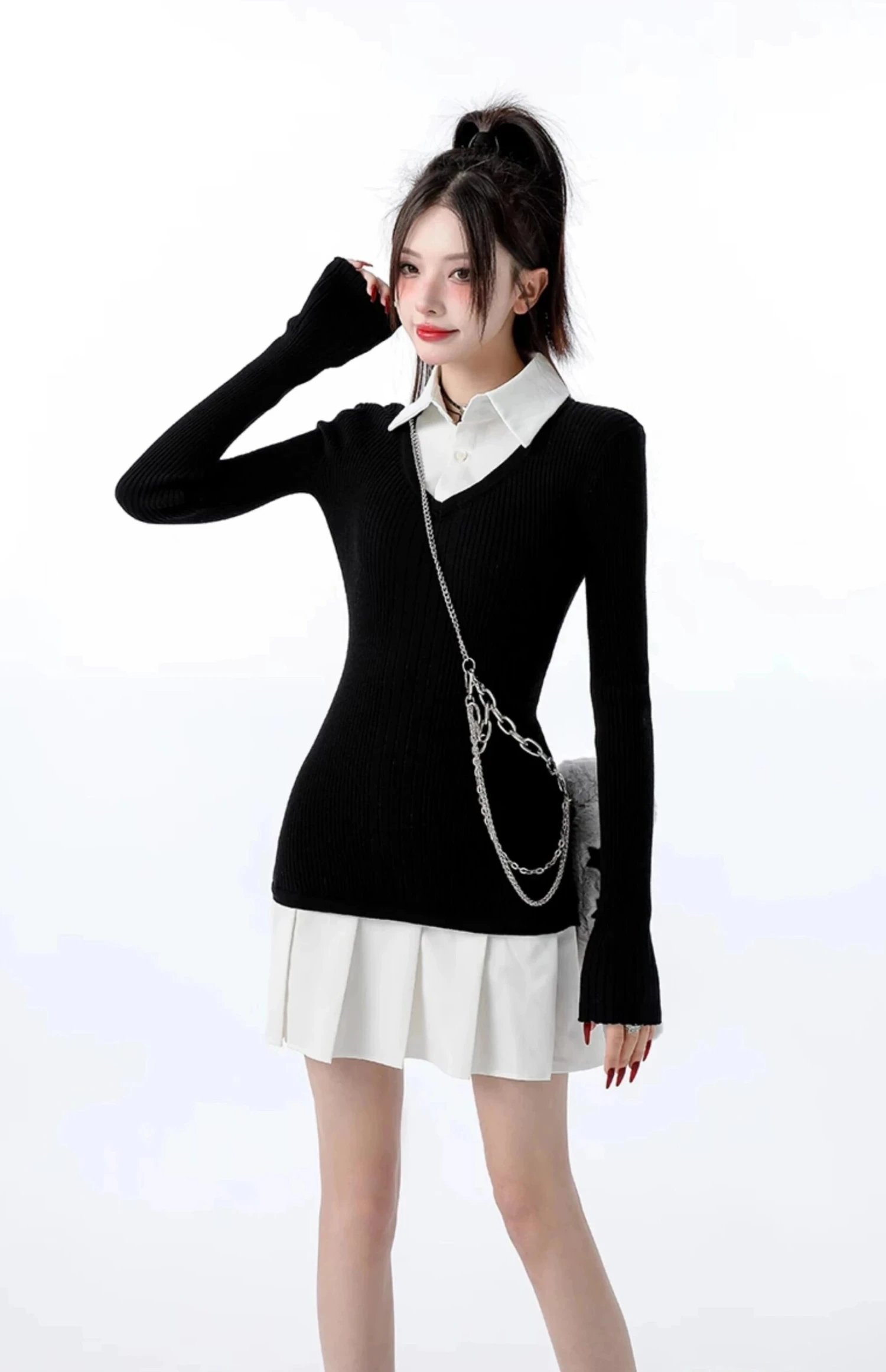 Mock Layered Pleated Hem Long Sleeve Dress 1 Mock Layered Pleated Hem Long Sleeve Dress