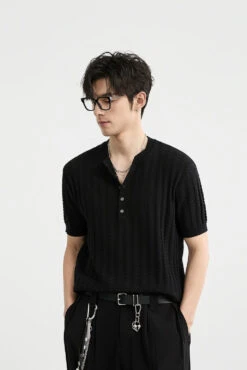 Textured Knit Ribbed Trim Half Button Short Sleeve Shirt -Modern Wear Shop 9075da6b7663e25dd70998a4a6a685a5