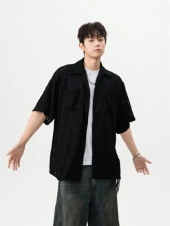 Sheer Open Knit Short Sleeve Button Up Shirt With Chest Pockets -Modern Wear Shop 908294b6f492109291e6867a4d03c417