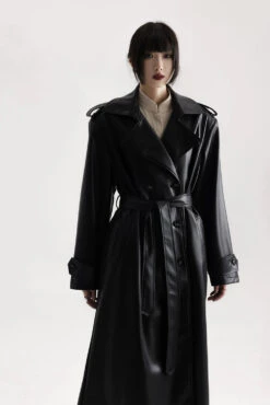 Longline Faux Leather Double Breasted Trench Coat -Modern Wear Shop 90cfc35e42c4cd66fbb4769fa4d2a5b7