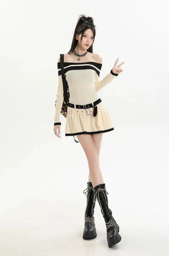 Contrast Trim Off-Shoulder Knit Midi Dress With Double Belt Detail 10 Contrast Trim Off-Shoulder Knit Midi Dress With Double Belt Detail - Image 10