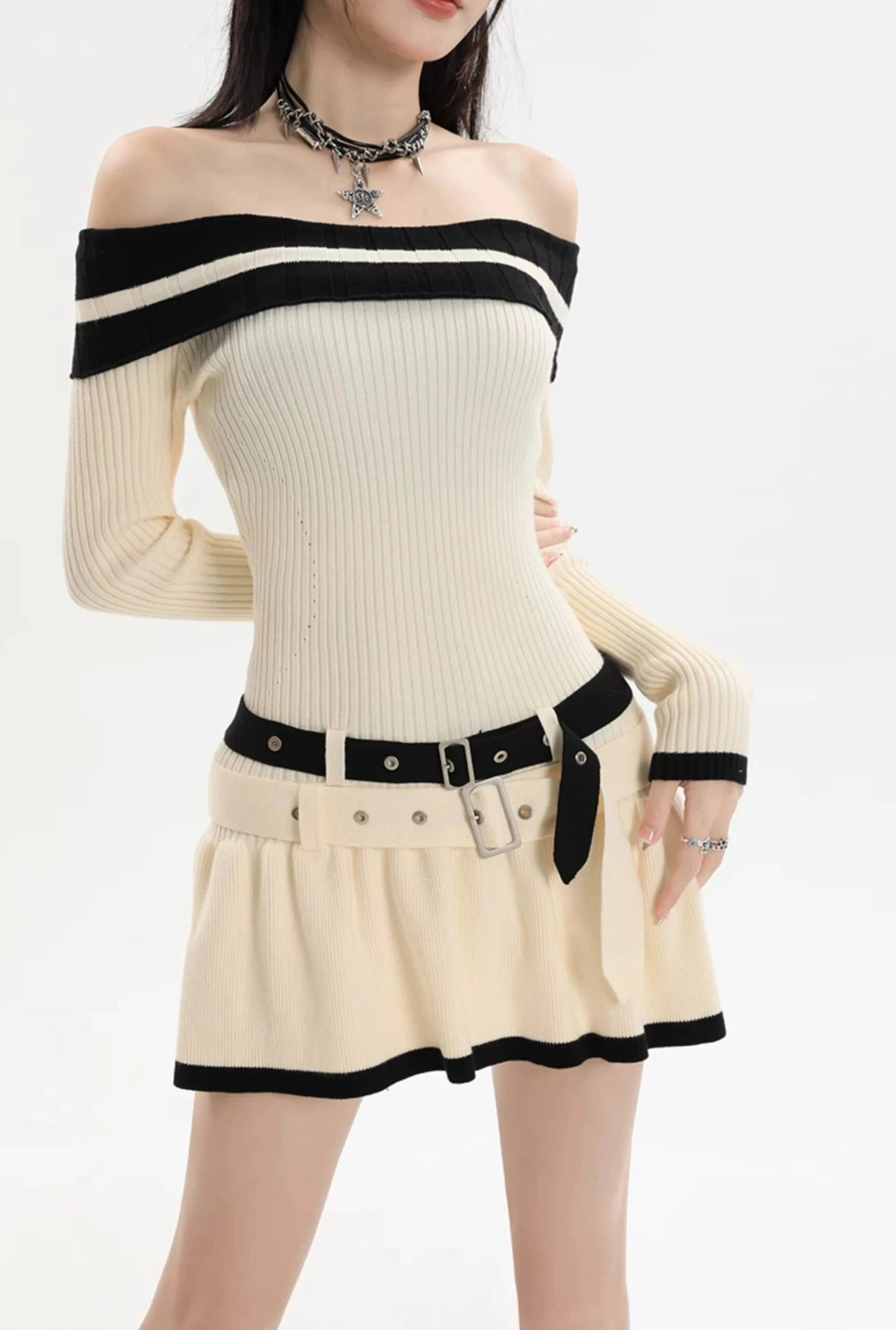 Contrast Trim Off-Shoulder Knit Midi Dress With Double Belt Detail 5 Contrast Trim Off-Shoulder Knit Midi Dress With Double Belt Detail - Image 5