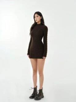 Cable Knit Turtleneck Mini Sweater Dress With Open Back -Modern Wear Shop 912230bacd8a92d481fe9fbdd07a3c3e