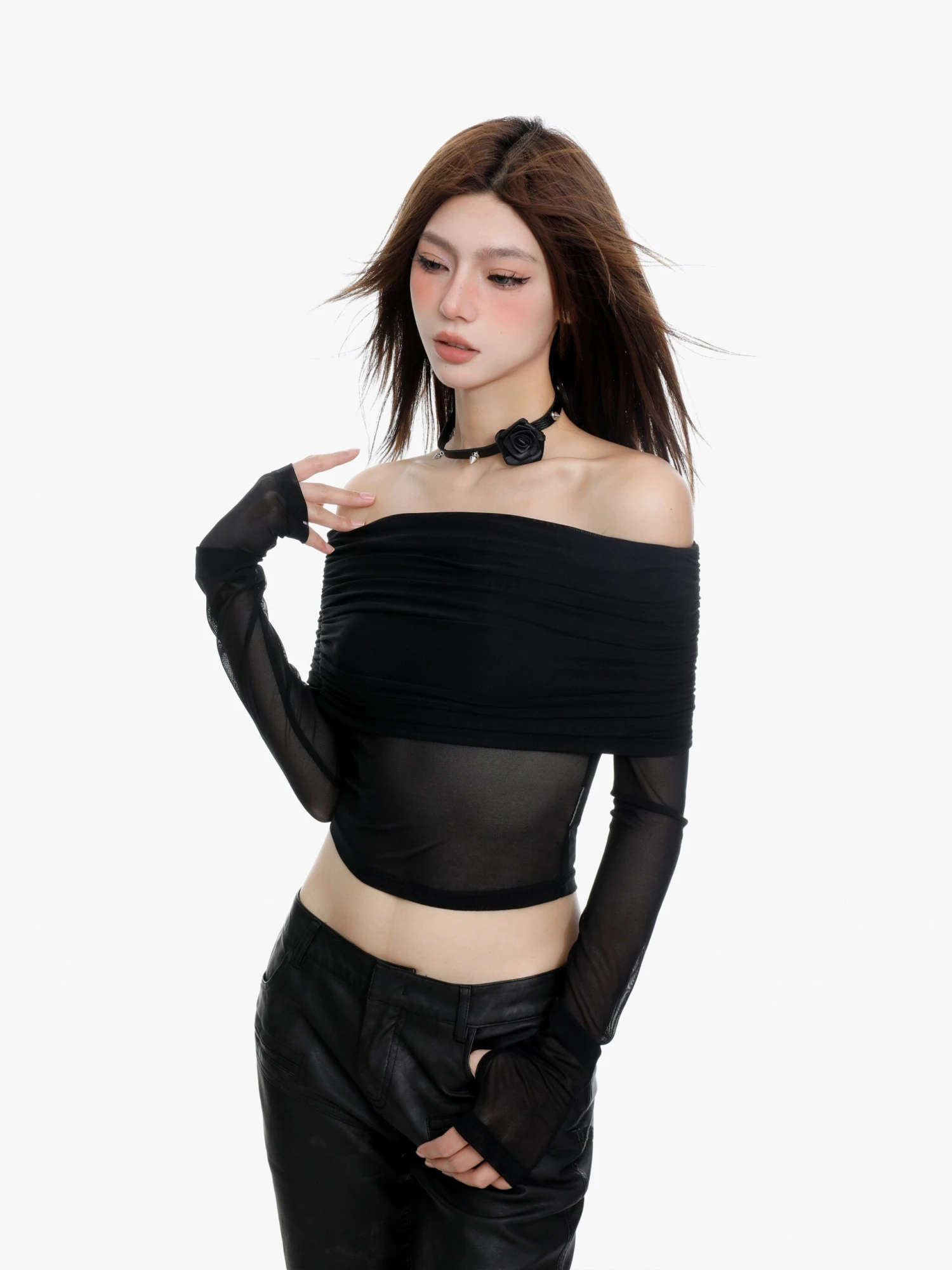 Off-Shoulder Layered Sheer Sleeve Crop Top 2 Off-Shoulder Layered Sheer Sleeve Crop Top - Image 2