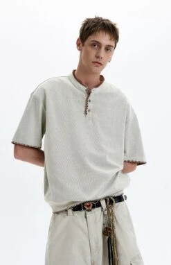 Contrast Stitch Trim Henley Neck Short Sleeve Top -Modern Wear Shop 91420522a9811e57f26469b066bd9f6d