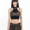 Mock Two-Piece Faux Leather Halter Cropped Tank Top