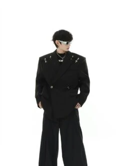 Oversized Double-Breasted Blazer With Peak Lapels And Silver Accents -Modern Wear Shop 91996941482a6a5c2a9042ffe089ccc1