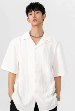 Textured Button-Up Shirt With Camp Collar