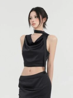 Sleeveless Cowl Neck Short Top With Scarf -Modern Wear Shop 924653282de77598d98649f9c04de101