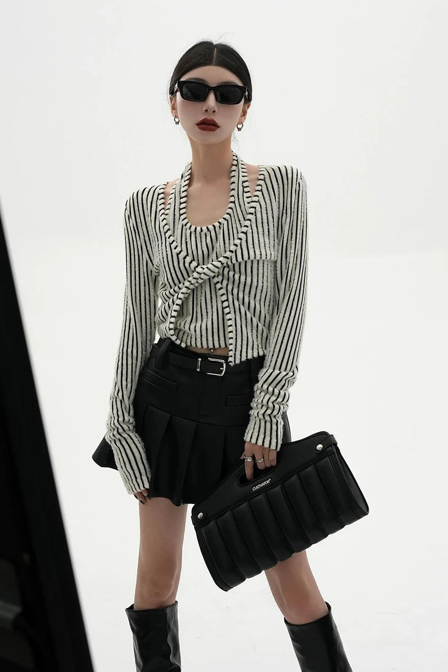 Stripe Halter Neck Knot Long Sleeve Blouse 7 Stripe Halter Neck Knot Long Sleeve Blouse - Image 7