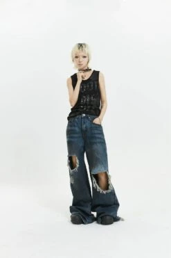 Wide-Leg Distressed Knee-Blown Denim Jeans -Modern Wear Shop 92828324b8d269e7eca5544c139a3156