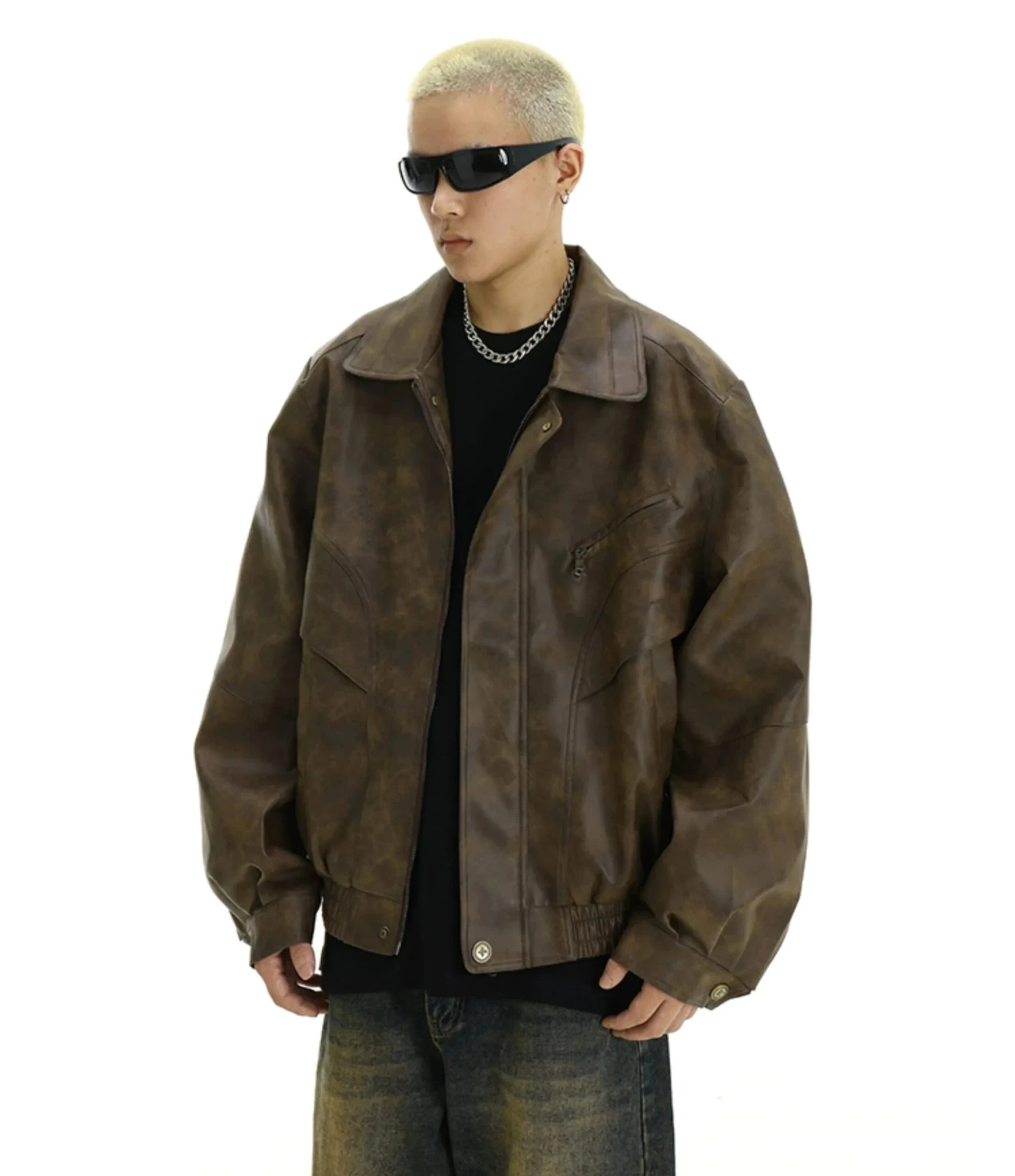 Oversized Faux Leather Panelled Collared Bomber Jacket 2 Oversized Faux Leather Panelled Collared Bomber Jacket - Image 2