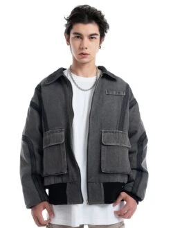Contrast Stitch Denim Cargo Jacket With Flap Pockets