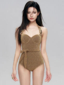 Textured One-Piece Swimsuit With Chain Straps And Tie Belt