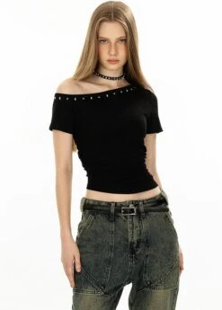 Asymmetric Studded Neckline Crop Top 30 Asymmetric Studded Neckline Crop Top -Modern Wear Shop 92b92d2575d7b264c398c410ba1cae9c