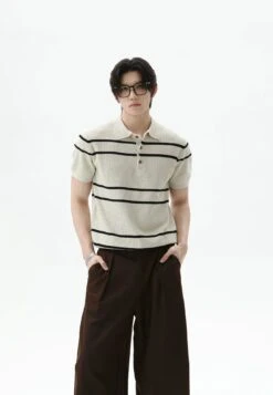 Textured Knit Polo Shirt With Horizontal Stripes