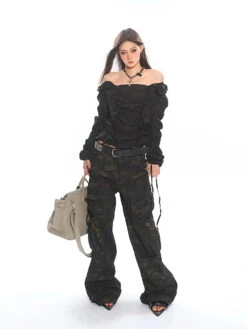 Ruffled Off-Shoulder Crinkle Texture Long Sleeve Top -Modern Wear Shop 93bb7d3e7e617dbd9c9b777427addf4d