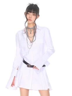 Flare Long Sleeve Pleated Mini Shirt-Dress -Modern Wear Shop 93d15e4190bd924ce8a325a7f60017e8