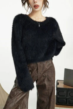 Faux Fur Extra-Cropped Crew-Neck Sweater -Modern Wear Shop 949a2ce94053499eb1875ba923c3c163