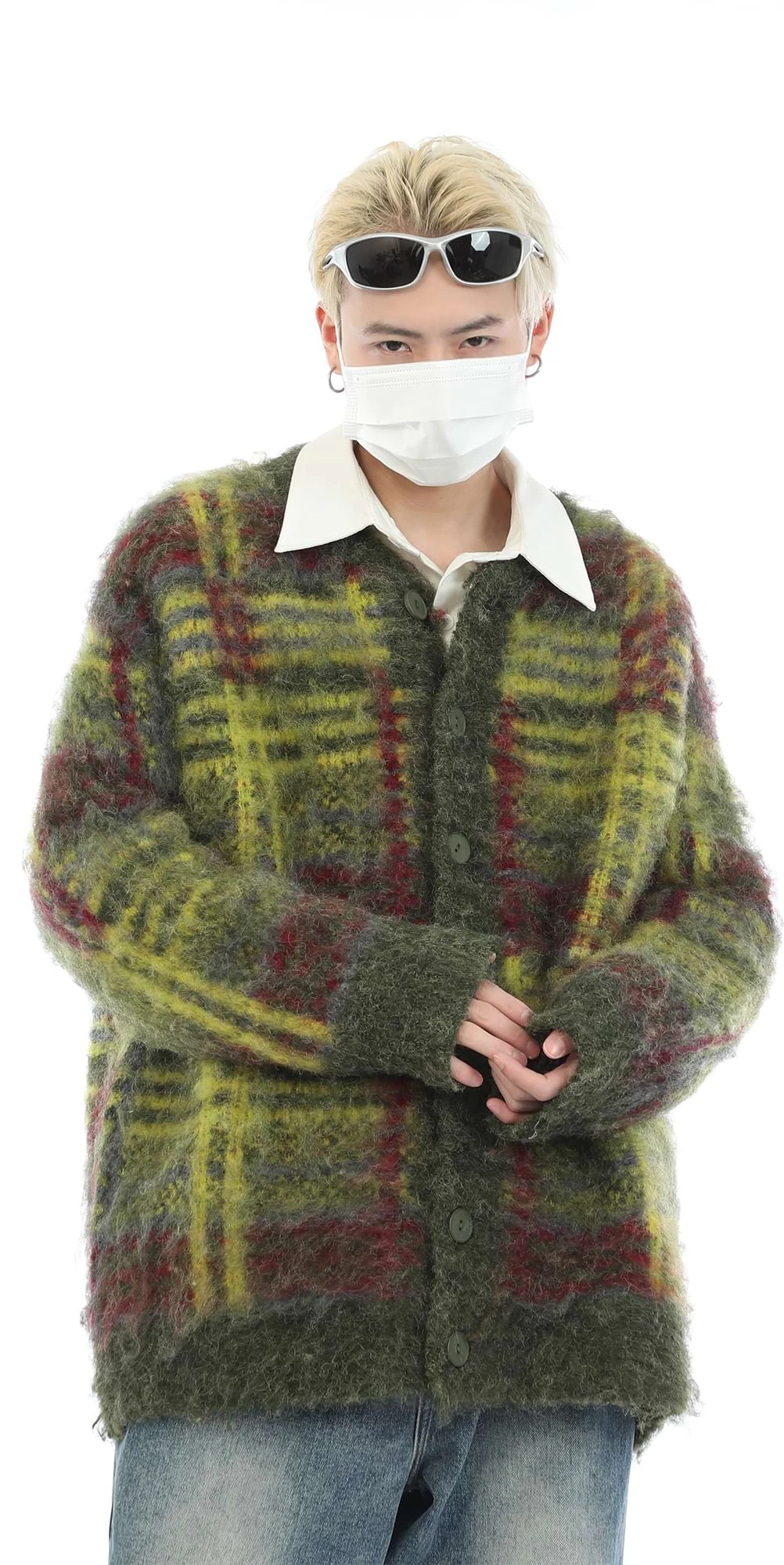 Fuzzy Mohair Knit Plaid Cardigan 6 Fuzzy Mohair Knit Plaid Cardigan - Image 6