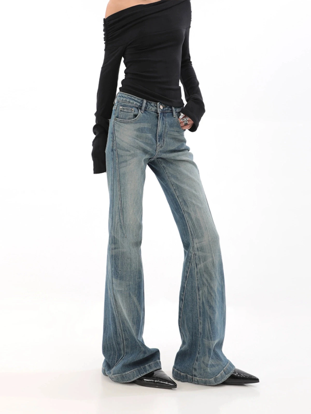 High Waist Vintage Wash Bell Bottom Jeans 2 High Waist Vintage Wash Bell Bottom Jeans - Image 2