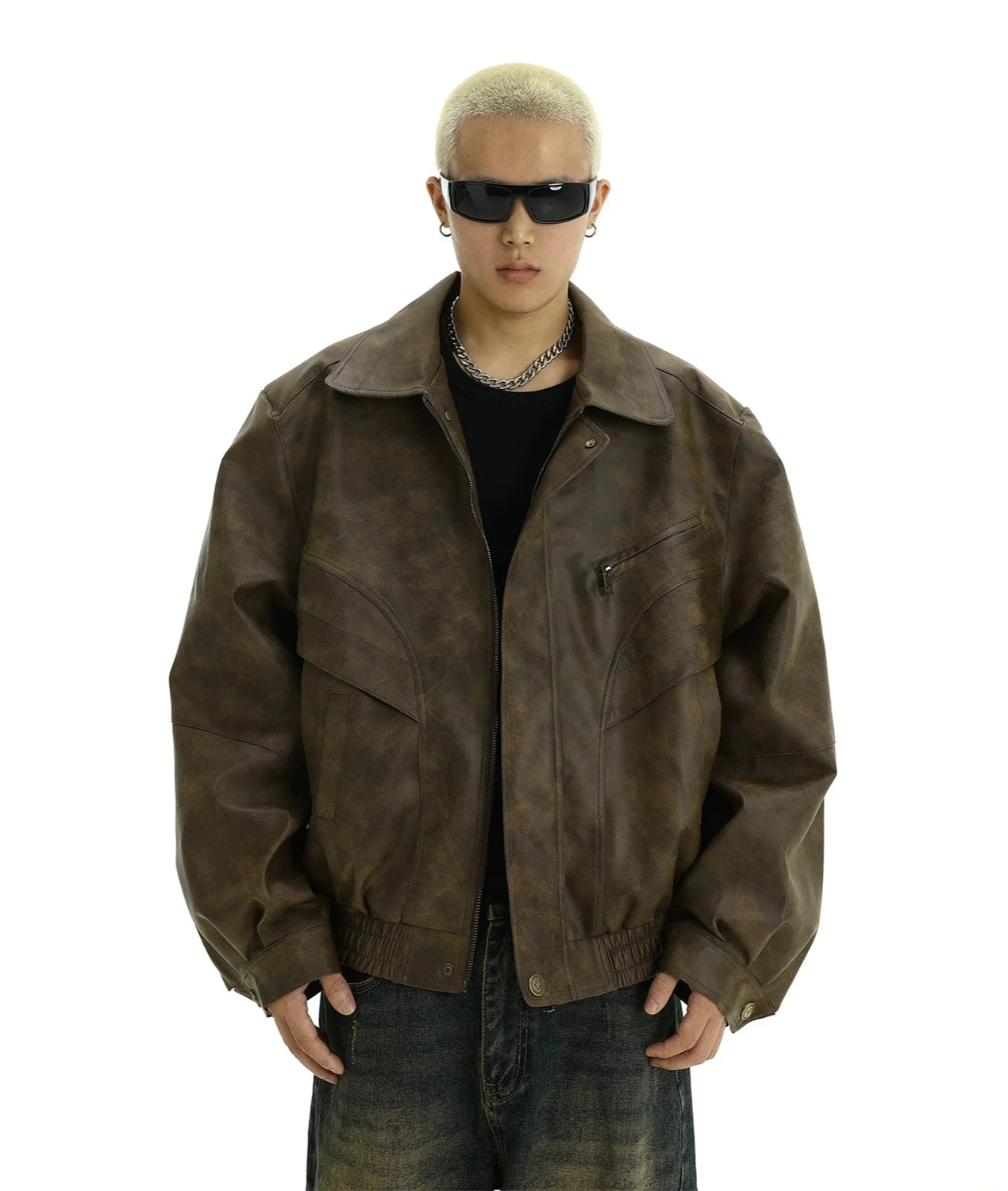 Oversized Faux Leather Panelled Collared Bomber Jacket 1 Oversized Faux Leather Panelled Collared Bomber Jacket