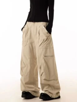 Wide-Leg Cargo Pants With Oversized Pleated Pockets And Zipper Details