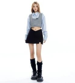 Mock Two-Piece Stripe Button Cropped Shirt-Top -Modern Wear Shop 9547eae3f4191b9950480d93249be375