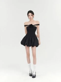 Off-Shoulder Balloon Mini Dress With Floral Accent -Modern Wear Shop 957b0dfd52eaff92408ad5dd6aea77bf