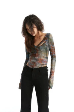 Abstract Print Long Sleeve V-Neck Bodysuit Top -Modern Wear Shop 95850b60cc10d642259bb813385a7def