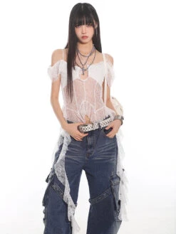 Lace Overlay Off-Shoulder Cropped Top With Hanging Ruffles -Modern Wear Shop 95c310f1fcc90a0a6f7be9a1597552b7