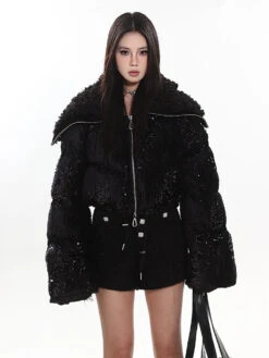 Sequin-Embellished Puffer Jacket With Shearling Trim -Modern Wear Shop 95f726c5404eafe44fd4182882c8419b