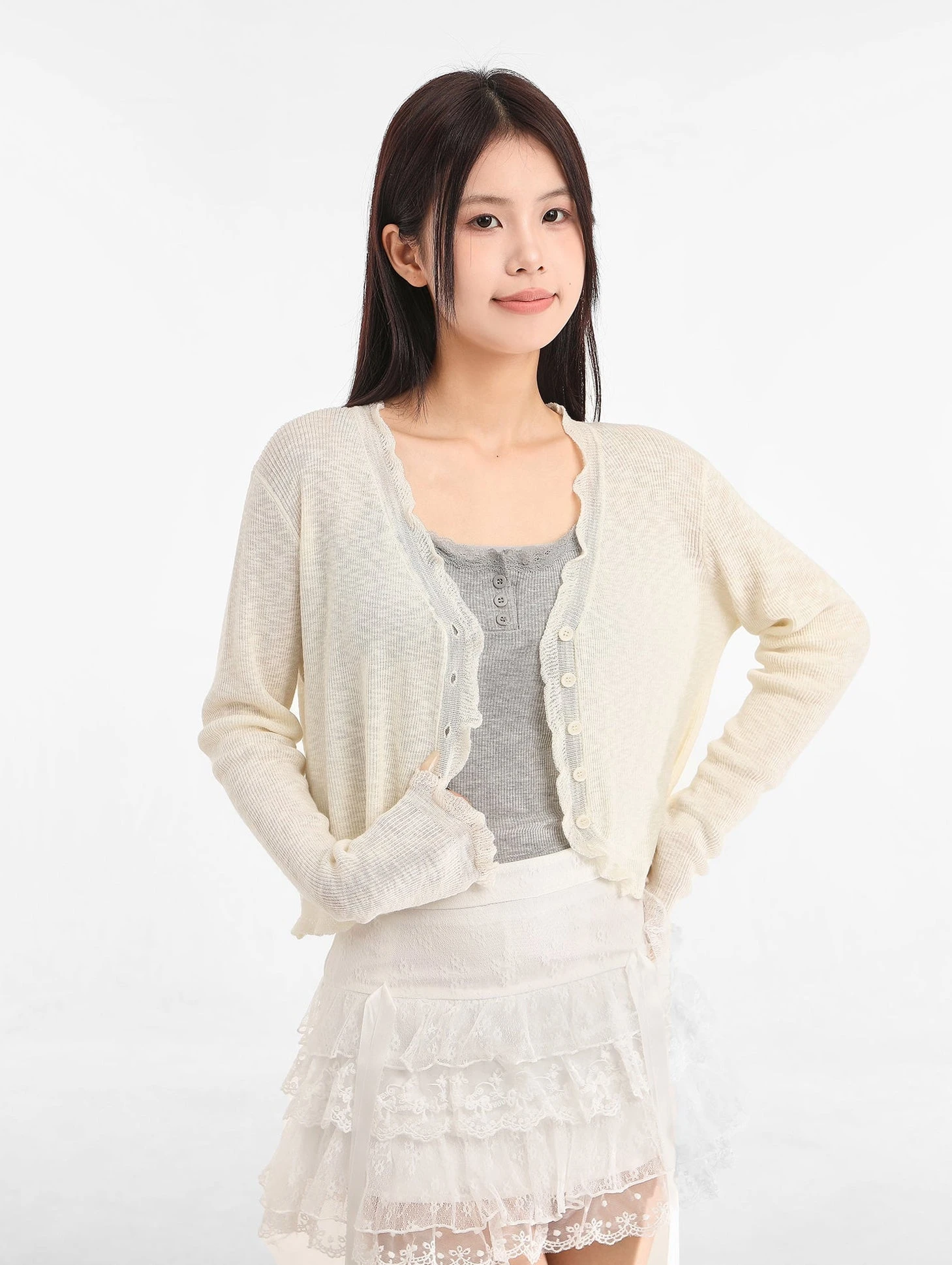 Scallop Hem Sheer Cropped Cardigan 7 Scallop Hem Sheer Cropped Cardigan - Image 7