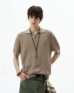 Oversized Textured Short Sleeve Knit Polo Shirt