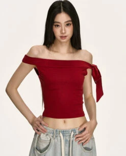 Off Shoulder Ribbed Knit Top With Side Bow Detail -Modern Wear Shop 9698ebd1aa3783bf555056aede4595c4
