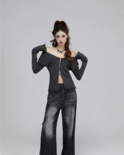 Off-Shoulder Ribbed Knit Print ZIp Sweater 9 Off-Shoulder Ribbed Knit Print ZIp Sweater -Modern Wear Shop 96a0b23bd2d69be7d45fbcc15258124d