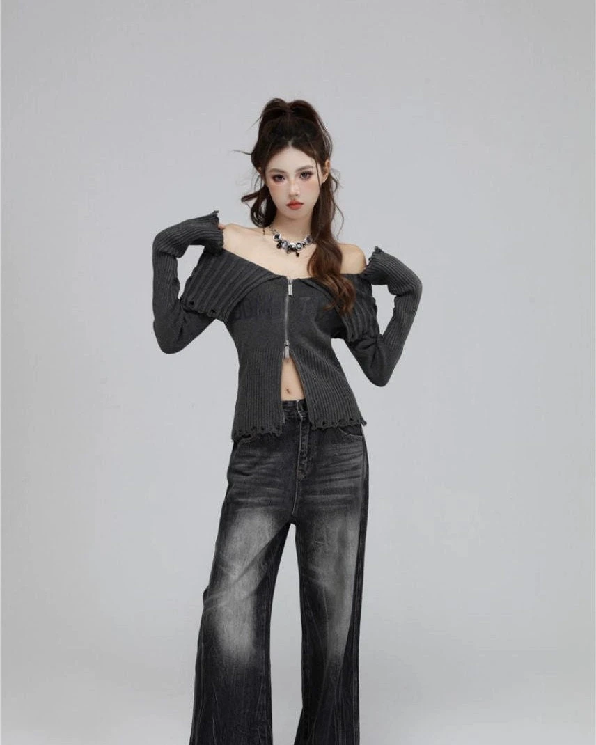 Off-Shoulder Ribbed Knit Print ZIp Sweater 5 Off-Shoulder Ribbed Knit Print ZIp Sweater - Image 5